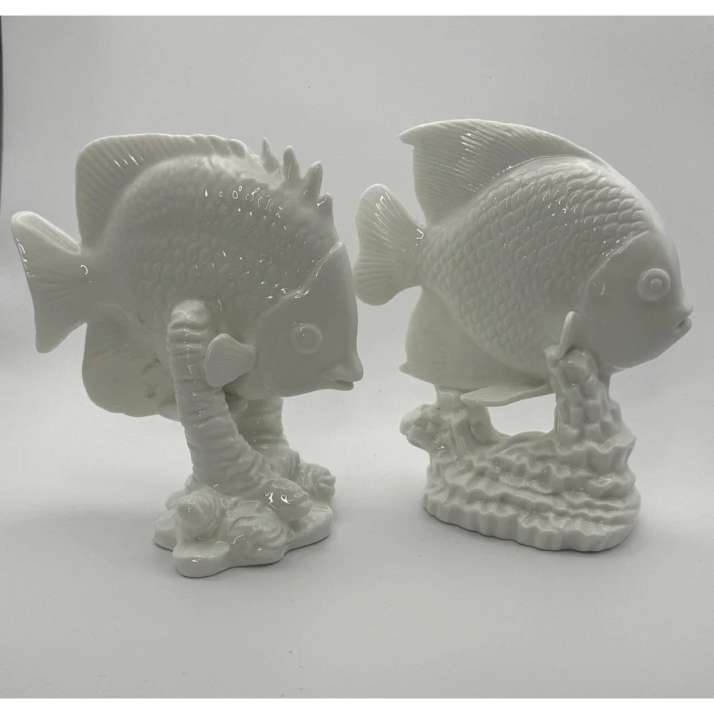 Coastal Lot 2 Angelfish Fine Bone China By Andrea Sadak Glossy White Fish EUC